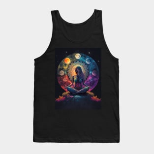 Lotus Woman Meditating on a Mountain with a Colorful Sky, Giant Planets and Lotus Flowers Tank Top